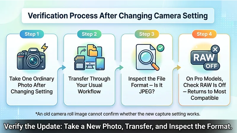 Four-step infographic showing how to confirm iPhone photos save as JPEG after changing the camera format