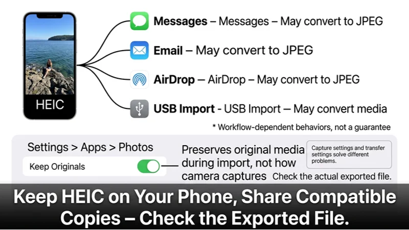 Infographic showing that sharing iPhone photos via Messages, email, or AirDrop may convert HEIC to JPEG, and explaining the Keep Originals transfer setting