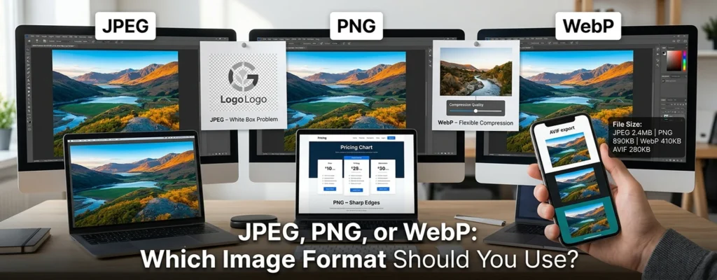 A desk setup with multiple monitors displaying image comparisons and a hand holding a smartphone showing an AVIF export, accompanied by the text "JPEG, PNG, or WebP: Which Image Format Should You Use?"
