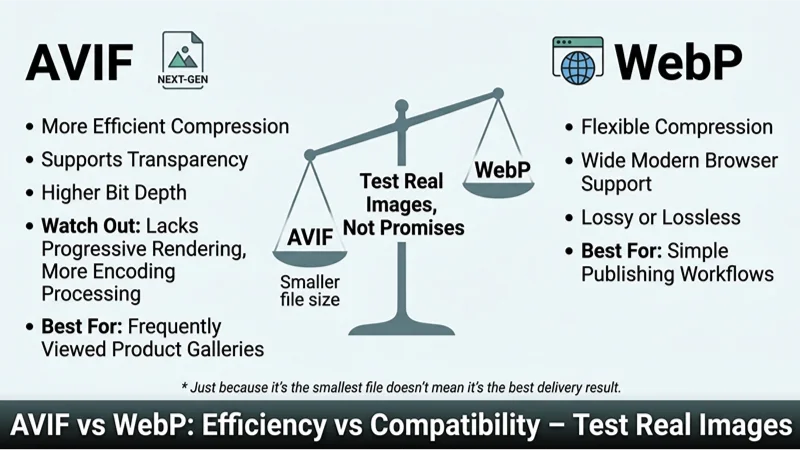 Infographic comparing AVIF and WebP formats, showing AVIF's efficiency versus WebP's broad compatibility on a balance scale.
